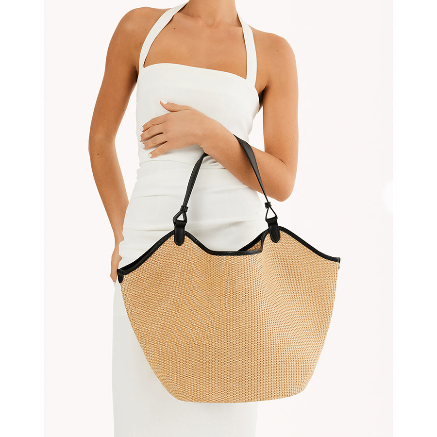 SARAH SHOULDER BAG - NATURAL RAFFIA-BLACK