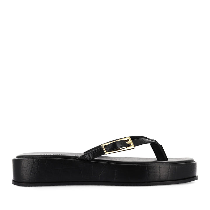 JOSIE SANDAL - BLACK CROC-EMBOSSED LEATHER