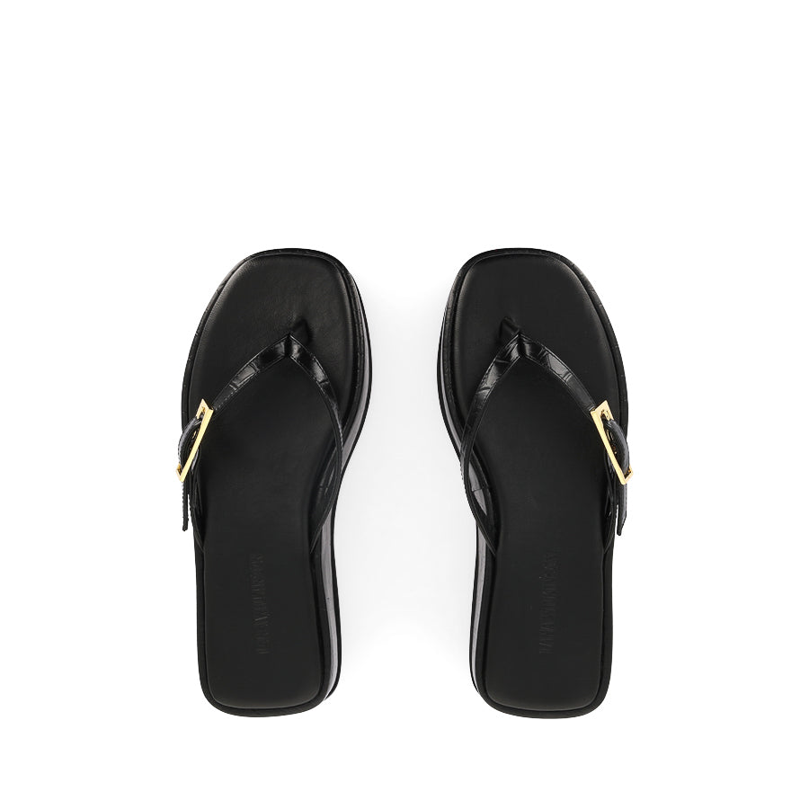 JOSIE SANDAL - BLACK CROC-EMBOSSED LEATHER