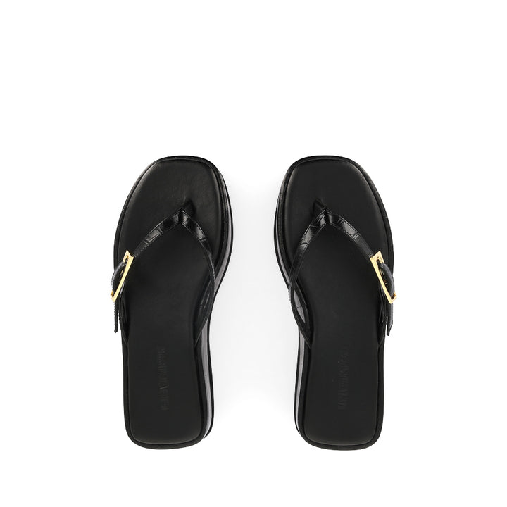 JOSIE SANDAL - BLACK CROC-EMBOSSED LEATHER