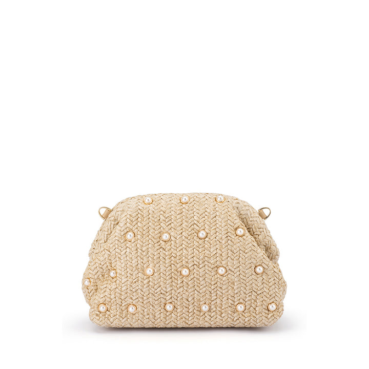 KAIA STUDDED WOVEN CLUTCH - NATURAL