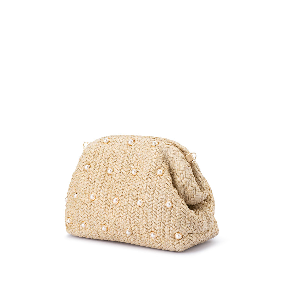 KAIA STUDDED WOVEN CLUTCH - NATURAL