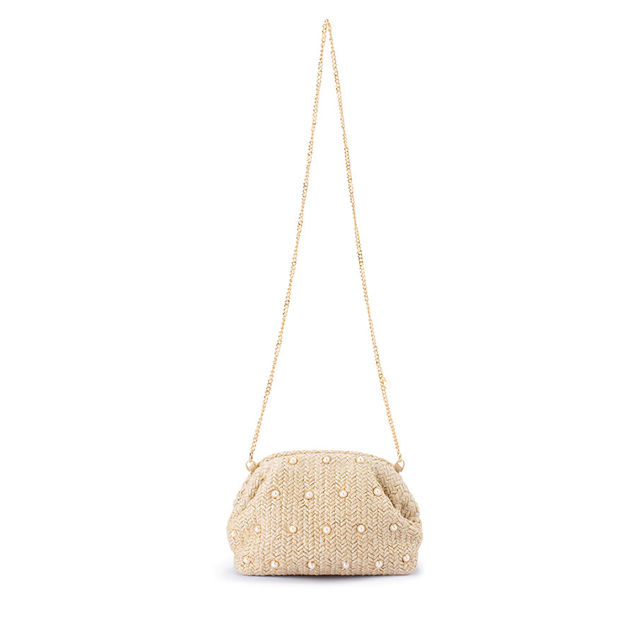 KAIA STUDDED WOVEN CLUTCH - NATURAL