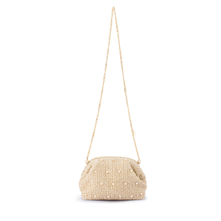 KAIA STUDDED WOVEN CLUTCH - NATURAL